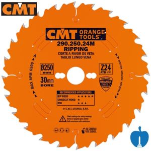 250mm 24 Tooth CMT Rip Cut Table / Saw Blade With 30mm Bore 290.250.24M