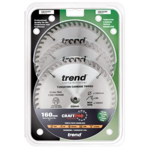 Trend 160mm dia 20mm Bore Saw Blades, 24 tooth Rip, 48 tooth Fine, 48 Tooth Panel Blades CSB/160/3PK/A