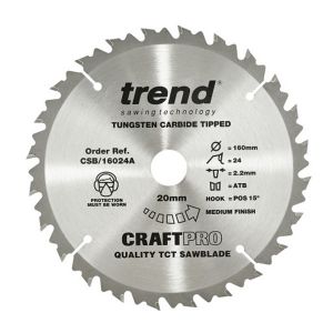Trend 160mm dia 20mm Bore ATB Z=24 TCT Table / Rip Saw Blade CSB/16024A 