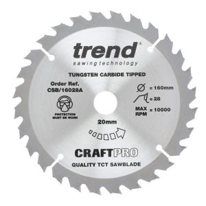 Trend 160mm dia 20mm Bore ATB Z=28 TCT Table / Rip Saw Blade CSB/16028A 
