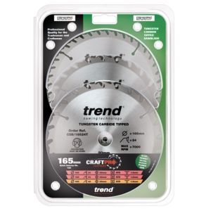 Trend 165mm dia 20mm Bore ATB Z=24 & 40 TCT Saw Blade Triple Pack CSB/165/3PK/C