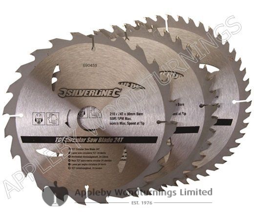 3 Pack Silverline 690459 TCT Circular Saw Blades 24 48 Teeth 210mm x 30mm 40