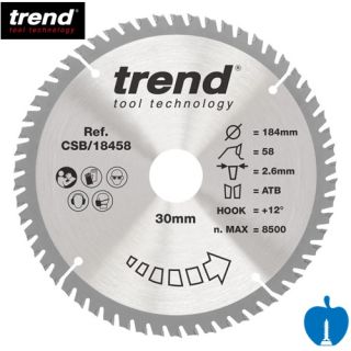 184mm Diameter 58 Tooth ATB Trend Saw Blade For Portable Saws With 30mm Bore CSB/18458