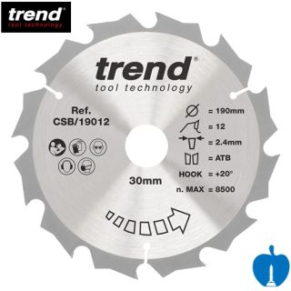 190mm Diameter 12 Tooth ATB Trend Saw Blade For Portable Saws With 30mm Bore CSB/19012