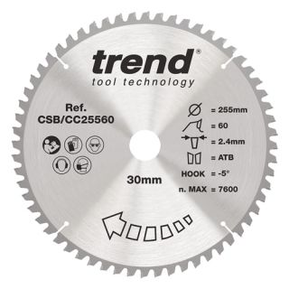 255mm Diameter 60 Tooth Trend Negative Crosscut Mitre Circular Saw Blade With 30mm Bore CSB/CC25560