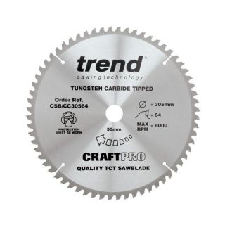 Trend 305mm dia 30mm Bore ATB Z=64 Neg Crosscut Saw Blade CSB/CC30564